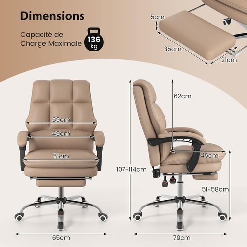 Chaise De Bureau Ergonomique, Fauteuil De Direction Simili Cuir Avec Siège Pivotant Réglable, Café