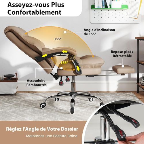 Chaise De Bureau Ergonomique, Fauteuil De Direction Simili Cuir Avec Siège Pivotant Réglable, Café