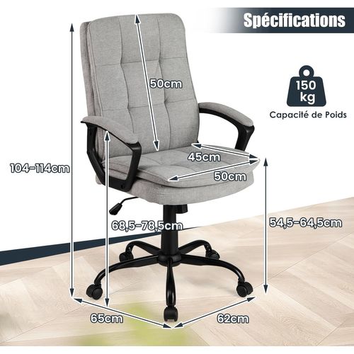 Chaise De Bureau Ergonomique Réglable En Hauteur, Chaise Mobile Avec Roues, Gris
