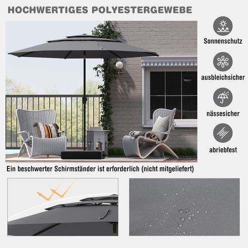 Parasol De Jardin Extérieur Ø 300 Cm, Parasol Balcon à 3 Niveaux Sans Pied (gris)