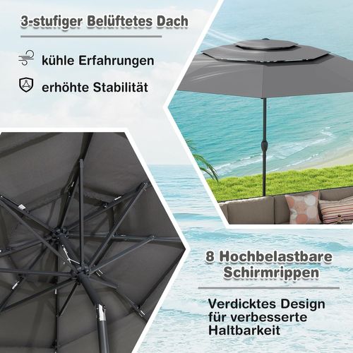 Parasol De Jardin Extérieur Ø 300 Cm, Parasol Balcon à 3 Niveaux Sans Pied (gris)