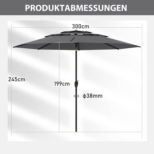 Parasol De Jardin Extérieur Ø 300 Cm, Parasol Balcon à 3 Niveaux Sans Pied (gris)