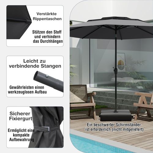 Parasol De Jardin Extérieur Ø 300 Cm, Parasol Balcon à 3 Niveaux Sans Pied (gris)
