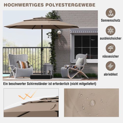 Parasol De Jardin Extérieur Ø 300 Cm, Parasol Balcon à 3 Niveaux Sans Pied (brun Clair)