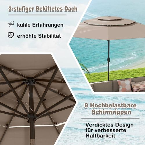 Parasol De Jardin Extérieur Ø 300 Cm, Parasol Balcon à 3 Niveaux Sans Pied (brun Clair)