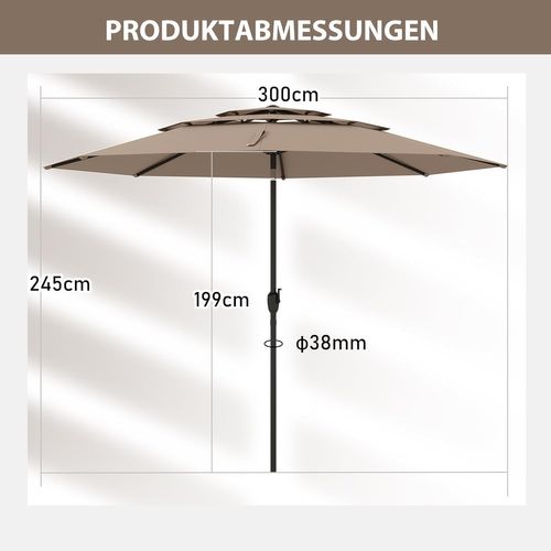 Parasol De Jardin Extérieur Ø 300 Cm, Parasol Balcon à 3 Niveaux Sans Pied (brun Clair)