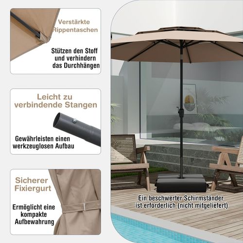 Parasol De Jardin Extérieur Ø 300 Cm, Parasol Balcon à 3 Niveaux Sans Pied (brun Clair)