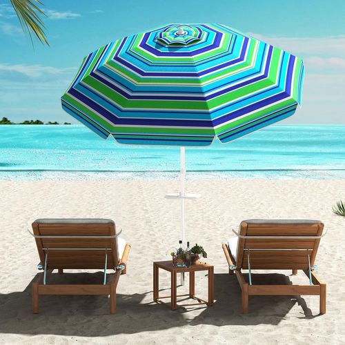 Parasol De Plage Avec Porte-gobelet, Parasol De Jardin Extérieur Inclinable, 200cm, Rond, Bleu-vert