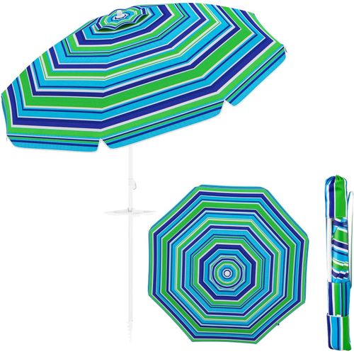 Parasol De Plage Avec Porte-gobelet, Parasol De Jardin Extérieur Inclinable, 200cm, Rond, Bleu-vert