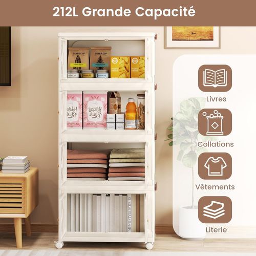 Boîte Rangement Plastique 212 L, 5 Caisses Pliables Avec 4 Roulettes, Boite De Rangement Empilable