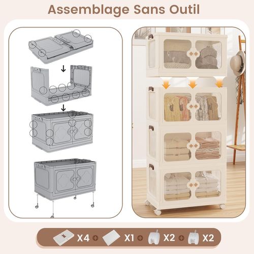 Boîte Rangement Plastique 212 L, 5 Caisses Pliables Avec 4 Roulettes, Boite De Rangement Empilable
