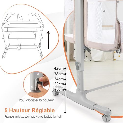 3 En 1 Lit Cododo Bébé Avec Matelas Et 5 Hauteur Réglable, Lit Bébé Evolutif, 84x48x80cm (beige)