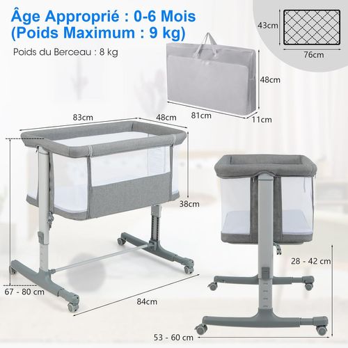 3 En 1 Lit Cododo Bébé Avec Matelas Et 5 Hauteur Réglable, 84x48x80cm (gris Clair)