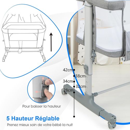 3 En 1 Lit Cododo Bébé Avec Matelas Et 5 Hauteur Réglable, 84x48x80cm (gris Clair)