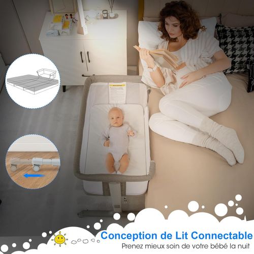 3 En 1 Lit Cododo Bébé Avec Matelas Et 5 Hauteur Réglable, 84x48x80cm (gris Clair)
