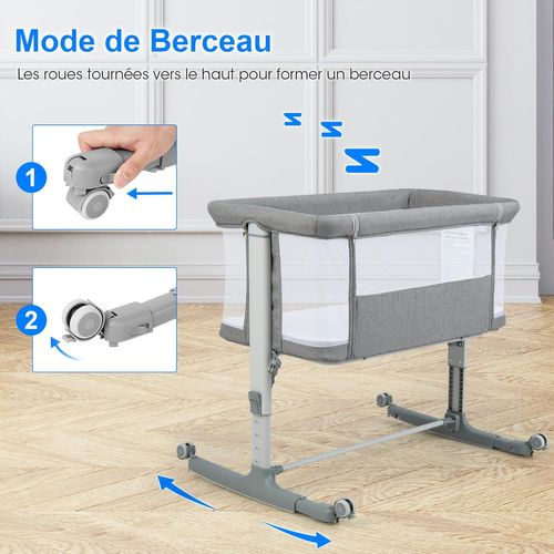 3 En 1 Lit Cododo Bébé Avec Matelas Et 5 Hauteur Réglable, 84x48x80cm (gris Clair)