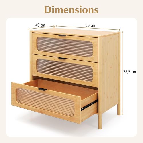 Commode Bois 3 Tiroirs, Commode Chambre Adulte En Bambou, Tiroirs En Verre Trempé Rayé,80x40x78,5cm