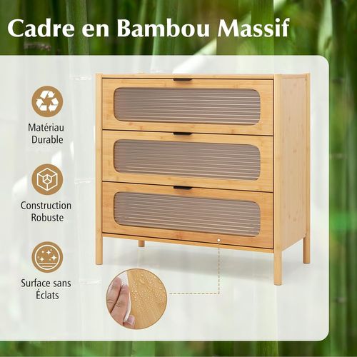 Commode Bois 3 Tiroirs, Commode Chambre Adulte En Bambou, Tiroirs En Verre Trempé Rayé,80x40x78,5cm