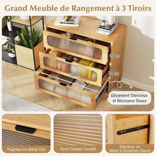 Commode Bois 3 Tiroirs, Commode Chambre Adulte En Bambou, Tiroirs En Verre Trempé Rayé,80x40x78,5cm