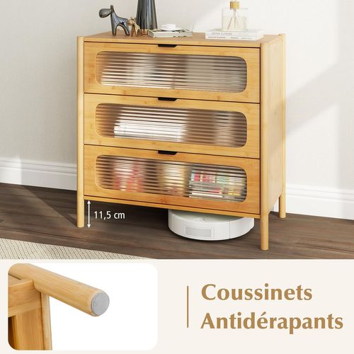 Commode Bois 3 Tiroirs, Commode Chambre Adulte En Bambou, Tiroirs En Verre Trempé Rayé,80x40x78,5cm