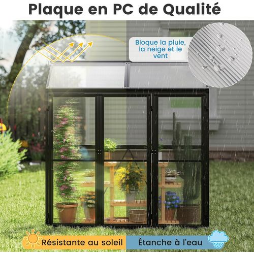 Serre Jardin Aluminium 180x52x190cm, 3 Portes, Plaques PC Résistantes, Lucarne,noir