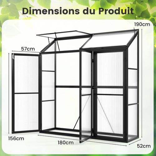 Serre Jardin Aluminium 180x52x190cm, 3 Portes, Plaques PC Résistantes, Lucarne,noir