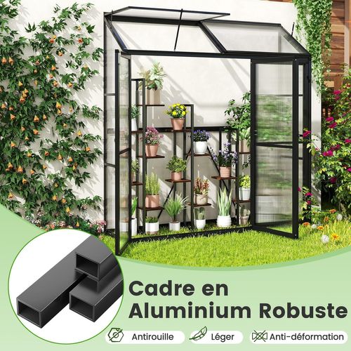 Serre Jardin Aluminium 180x52x190cm, 3 Portes, Plaques PC Résistantes, Lucarne,noir