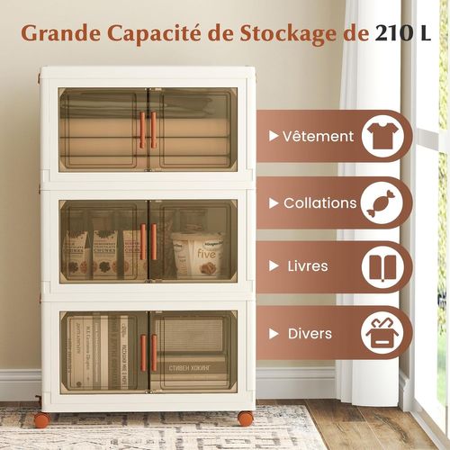 Boite Rangement Plastique 210 L, Caisses Rangement Pliables à Roulette, Poignée