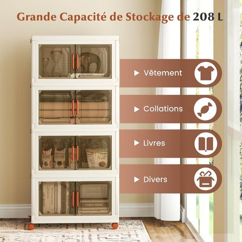 Boite Rangement Plastique 208 L, Caisses Rangement Pliables à Roulette, Poignée