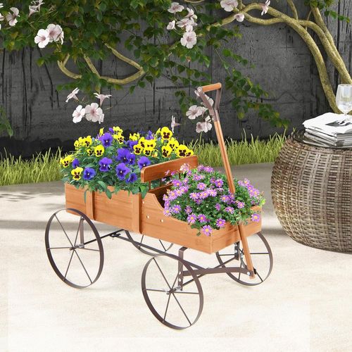 Chariot Décoratif Relaxdays 2 Pots Fleurs - Jardinière Bois Sapin à Planter Directement - 19x17,5x37 Cm Marron