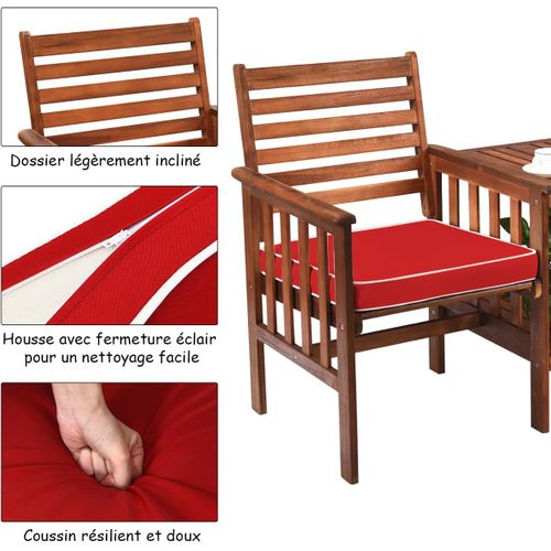Salon De Jardin En Bois Acacia Avec Table Basse 2 Chaises, Ensemble De Meubles Avec Coussin (rouge)