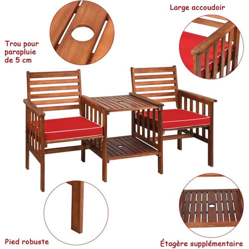 Salon De Jardin En Bois Acacia Avec Table Basse 2 Chaises, Ensemble De Meubles Avec Coussin (rouge)