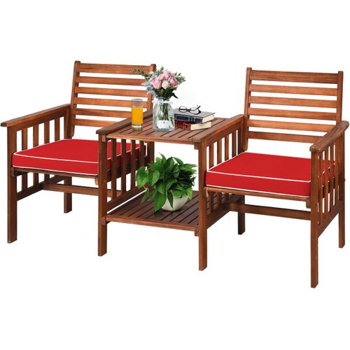 Salon De Jardin En Bois Acacia Avec Table Basse 2 Chaises, Ensemble De Meubles Avec Coussin (rouge)