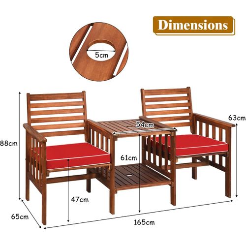 Salon De Jardin En Bois Acacia Avec Table Basse 2 Chaises, Ensemble De Meubles Avec Coussin (rouge)