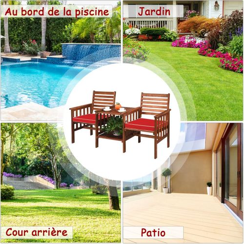 Salon De Jardin En Bois Acacia Avec Table Basse 2 Chaises, Ensemble De Meubles Avec Coussin (rouge)