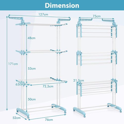 Sechoir à Linge Pliable 3 Niveaux, Étendoir Linge à Roulettes En Métal (bleu Clair)