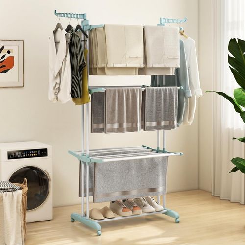 Sechoir à Linge Pliable 3 Niveaux, Étendoir Linge à Roulettes En Métal (bleu Clair)