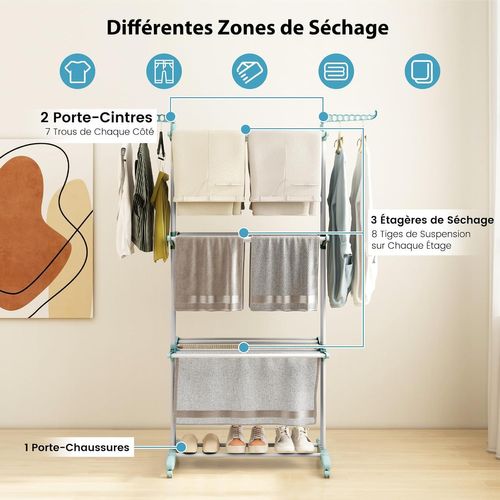 Sechoir à Linge Pliable 3 Niveaux, Étendoir Linge à Roulettes En Métal (bleu Clair)