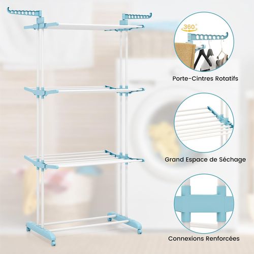 Sechoir à Linge Pliable 3 Niveaux, Étendoir Linge à Roulettes En Métal (bleu Clair)