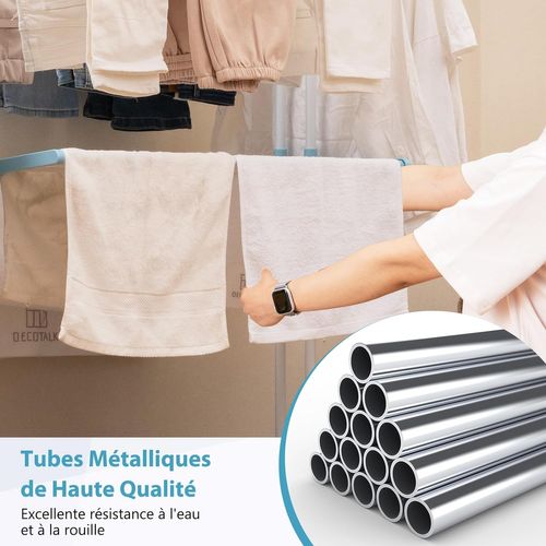 Sechoir à Linge Pliable 3 Niveaux, Étendoir Linge à Roulettes En Métal (bleu Clair)