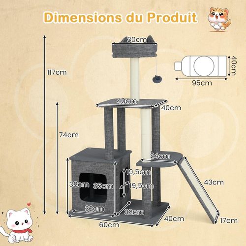 Arbre à Chat 117 Cm, 2 Poteaux à Griffer En Sisal, Planche à Griffer, 95 X 40 X 117 Cm