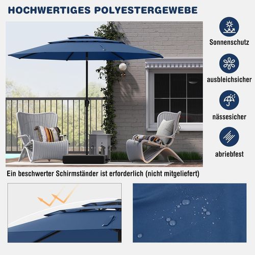 Parasol De Jardin Extérieur Ø 300 Cm, Parasol Balcon à 3 Niveaux Sans Pied (blue Marine)