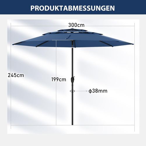 Parasol De Jardin Extérieur Ø 300 Cm, Parasol Balcon à 3 Niveaux Sans Pied (blue Marine)