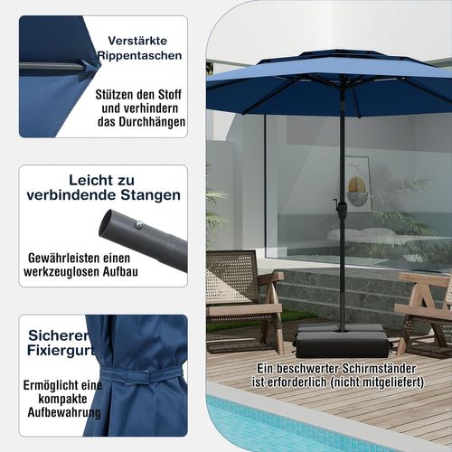 Parasol De Jardin Extérieur Ø 300 Cm, Parasol Balcon à 3 Niveaux Sans Pied (blue Marine)
