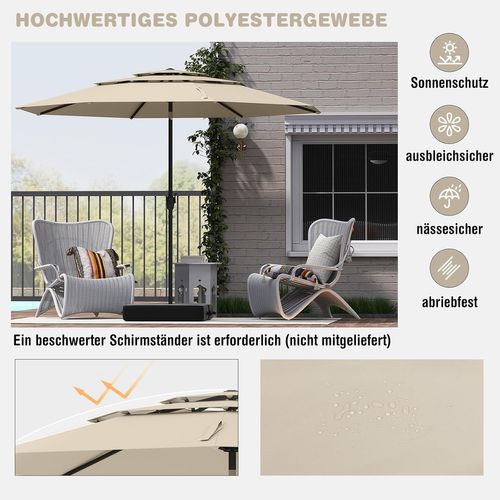 Parasol De Jardin Extérieur Ø 300 Cm, Parasol Balcon à 3 Niveaux Sans Pied (beige)