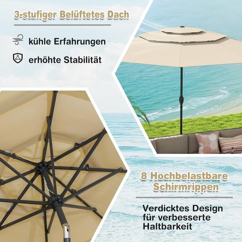 Parasol De Jardin Extérieur Ø 300 Cm, Parasol Balcon à 3 Niveaux Sans Pied (beige)