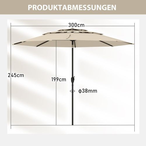 Parasol De Jardin Extérieur Ø 300 Cm, Parasol Balcon à 3 Niveaux Sans Pied (beige)
