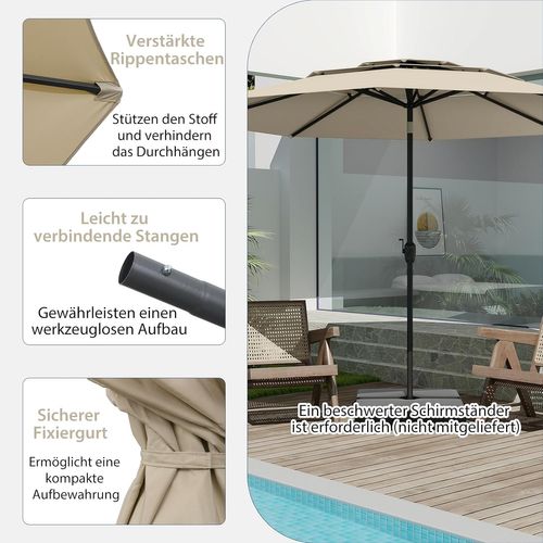 Parasol De Jardin Extérieur Ø 300 Cm, Parasol Balcon à 3 Niveaux Sans Pied (beige)