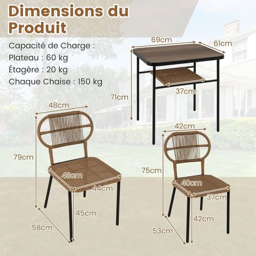 Ensemble De Meubles 3 Pièces De Patio En Rotin Charge 180kg, Salon De Jardin 2 Chaises, Naturel