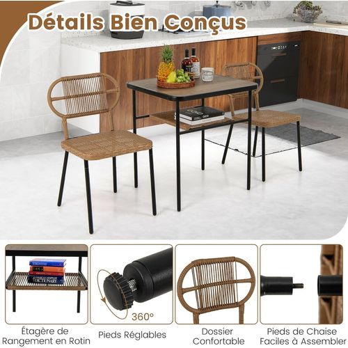 Ensemble De Meubles 3 Pièces De Patio En Rotin Charge 180kg, Salon De Jardin 2 Chaises, Naturel